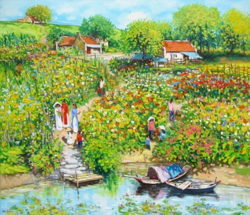 Jardín de flores junto al río asiático vietnamita Pinturas al óleo